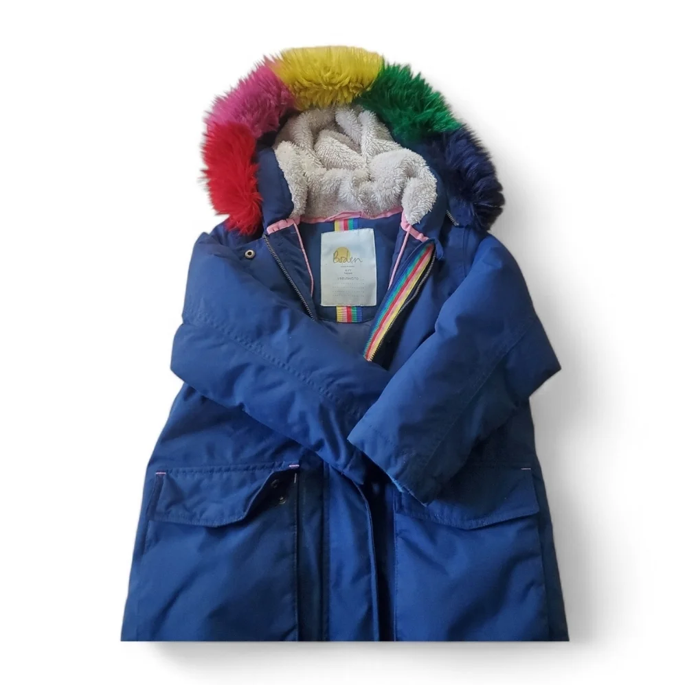 Kids Boden Navy Coat with Multicolor Fur Hood Size 6-7